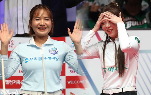 우리금융캐피탈과 하나카드가 24일 오후 9시 30분에 시작하는 마지막 5차전에서 최종 승부를 벌인다. 과연 두 팀 중 누가 웃을 수 있을까. 사진은 우리금융캐피탈 스롱 피아비(왼쪽)와 하나카드 김가영.&nbsp; 사진=고양/이용휘 기자