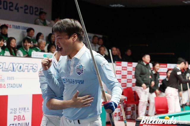 포스트시즌 1세트와 3세트에서 맹활약한 강민구가 플레이오프 5차전 1세트에서 퍼펙트큐를 기록한 후 포효하고 있다. 사진=고양/이용휘 기자