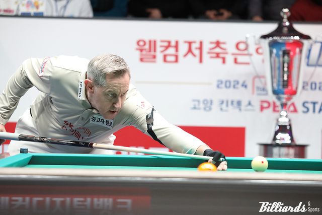 SK렌터카가 프로당구 PBA 팀리그 포스트시즌 파이널 2차전까지 승리하며 첫날 2승으로 앞서갔다. 사진은 1, 2차전 5세트를 모두 승리한 에디 레펀스(벨기에).&nbsp; 사진=고양/이용휘 기자
