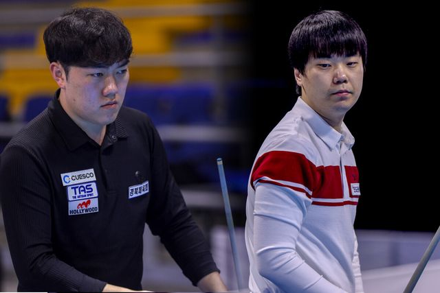 한국의 김준태(왼쪽)와 김행직(오른쪽)이 '보고타 3쿠션 당구월드컵' 16강전에서 튀르키예 선수들에게 막판에 밀리며 아쉽게 탈락했다.&nbsp; 사진=SOOP 제공