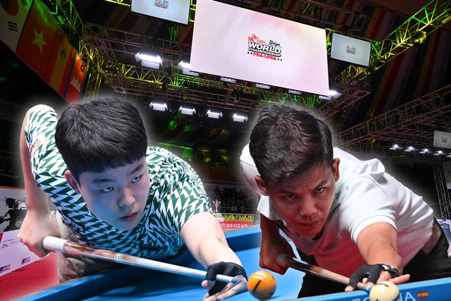 한국의 최연소 프로당구 챔피언 김영원(왼쪽)이 처음 출전한 PBA 월드챔피언십에서 조별리그 두 경기 만에 16강 진출을 확정했다. 베트남 강호 응우옌프엉린(오른쪽)도 2승을 거두며 김영원과 함께 16강에 올라갔다.&nbsp; 사진=PBA 제공, 빌리어즈앤스포츠 그래픽