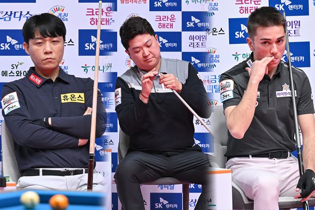 1패를 안고 조별리그 2일차 대결에 돌입한 최성원, 조건휘, 부라크 하샤시가 1승을 추가하며 16강 진출의 불씨를 살렸다. 사진=PBA 제공