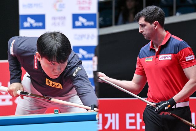 PBA 월드챔피언십 조별리그 2일차에 1승을 만회하며 1승 1패를 기록한 A조의 최성원과 다비드 마르티네스. 사진=PBA 제공