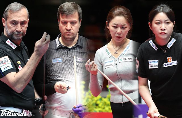 프로당구 PBA-LPBA 월드챔피언십 결승전이 사이그너 vs 체네트, 김가영 vs 김민아의 대결로 압축됐다. 사진 왼쪽부터 사이그너, 체네트, 김가영, 김민아.&nbsp; 사진=제주/이용휘 기자