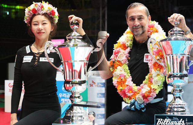 24-25시즌 PBA-LPBA 월드챔피언십에서 여자부 김가영(왼쪽)과 남자부 세미 사이그너(오른쪽)가 우승을 차지하며 시즌 피날레를 화려하게 장식했다.&nbsp; 사진=제주/이용휘 기자