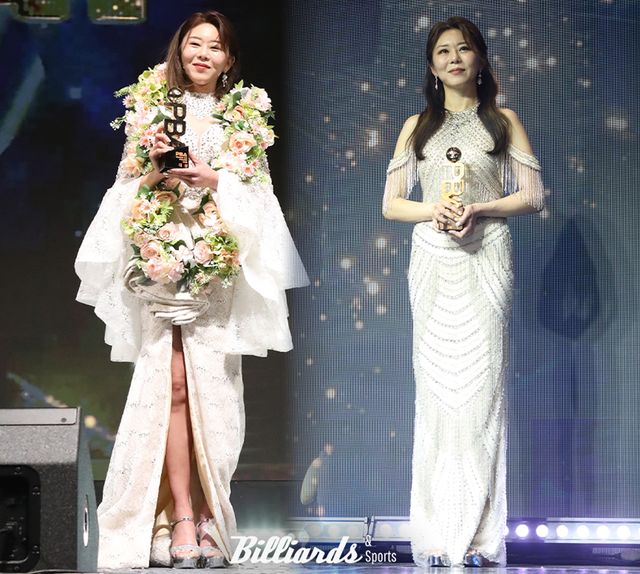 지난 시즌 'PBA 골든큐 시상식'에서 대상 포함 5관왕을 차지한 김가영(오른쪽)과 이번 시즌 4관왕에 오른 김가영(왼쪽)