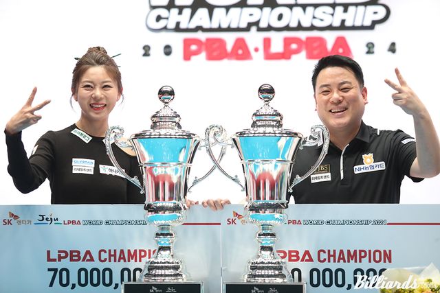 프로당구 PBA-LPBA 시즌 왕중왕전 'SK렌터카 제주특별자치도 월드챔피언십'이 오는 8일 개막한다. 사진은 지난 시즌 우승을 차지한 김가영(왼쪽)과 조재호.&nbsp; 사진=빌리어즈앤스포츠 DB