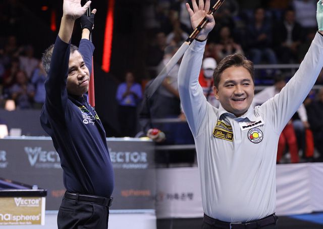 베트남의 3쿠션 선수들이 세계 무대에서 3쿠션 사대천왕의 오랜 아성을 위협하고 있다. 지난해 베겔 당구월드컵에서 쿠드롱을 꺾고 우승한 쩐뀌엣찌엔(왼쪽)과 보고타 당구월드컵 준결승에서 야스퍼스를 제압한 쩐타인룩(오른쪽).&nbsp; 사진=SOOP 제공