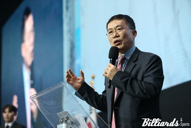 취임식에서 대한당구연맹의 나아갈 방향을 제시하고 있는 서수길 회장. 사진=잠실/이용휘 기자