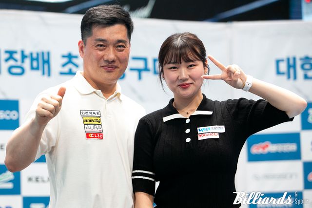 대한당구연맹회장배 초청당구대회에서 캐롬 3쿠션 혼합복식 우승을 차지한 차명종과 박세정. 사진=잠실/이용휘 기자