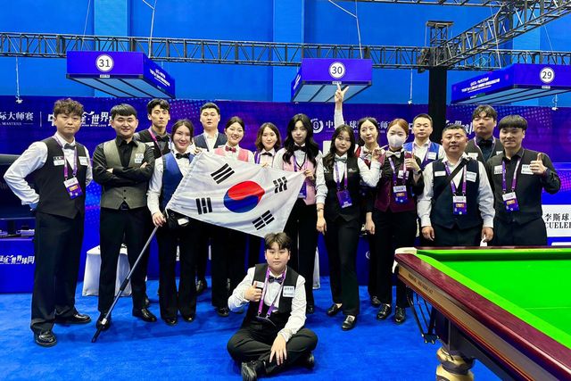 5일부터 중국 청두에서 열린 '조이컵 제13회 헤이볼마스터스 그랜드파이널'에 출전한 한국 선수단. 사진=대한당구연맹 허해용 부회장 SNS