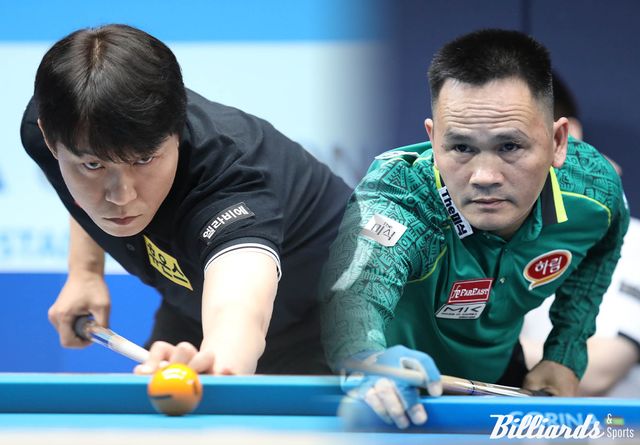 한국의 최성원(왼쪽)과 베트남의 쩐득민(오른쪽)이 프로당구 개막전 64강에서 진검승부를 벌인다.&nbsp; 사진=고양/이용휘&nbsp;