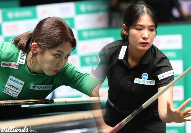 김가영(하나카드·왼쪽)과 스롱 피아비(우리금융캐피탈·오른쪽)가 3일 열린 하나카드 LPBA 챔피언십 32강전에서 나란히 승리를 거두고 16강에 진출했다.&nbsp; 사진=고양/이용휘 기자