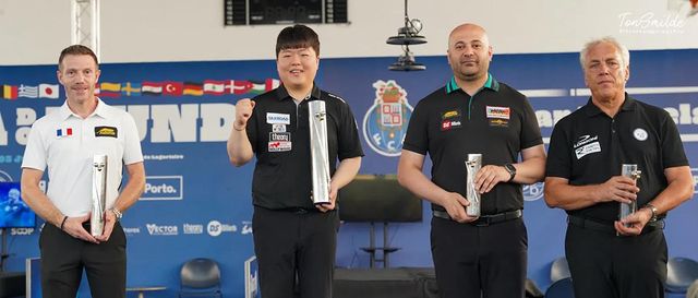 시상식 사진. 왼쪽부터 준우승자 제러미 뷰리, 우승자 조명우, 공동3위 톨가한 키라즈와 마르코 자네티.&nbsp;