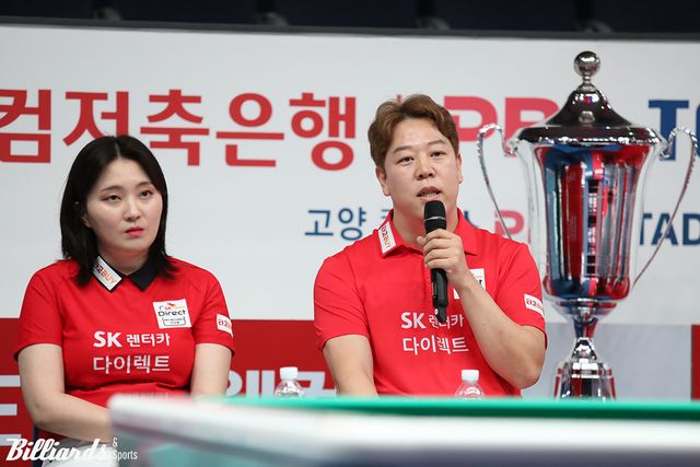 지난 포스트시즌에서 챔피언에 오른 SK렌터카의 리더 강동궁과 강지은이 팀리그 새 시즌을 시작하는 소감을 밝히고 있다.&nbsp;