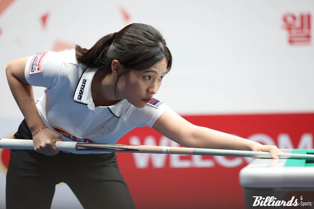 하림이 30일 열린 PBA 팀리그 1라운드 마지막 경기에서 5세트 이후 단식전을 모두 승리하며 우리금융캐피탈을 4-3으로 꺾었다. 사진은 6세트에서 스롱 피아비(우리금융캐피탈)에게 승리한 박정현(하림).&nbsp; 사진=고양/이용휘 기자