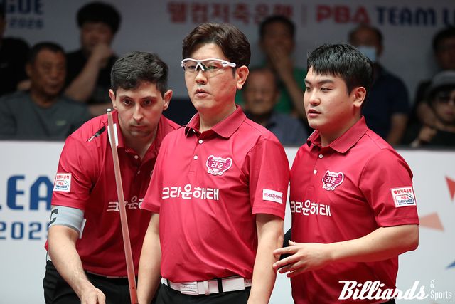 벤치타임아웃에 머리를 맞댄 크라운해태의 다비드 마르티네스, 김재근, 오태준.