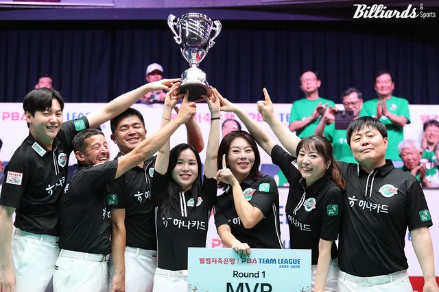 1라운드 우승 트로피를 들어올린 하나카드 선수들.