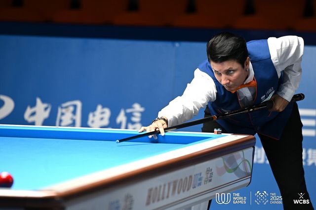 테레사 클롬펜하우어(네덜란드)가 2025 청두 월드게임 캐롬 3쿠션 여자부 경기에서 압도적인 실력으로 상대방을 제압하며 결승에 선착했다.&nbsp; 사진=WCBS 제공