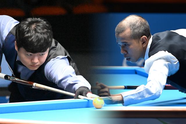 한국의 조명우(실크로드시앤티-서울시청·왼쪽)가 2025 청두 월드게임 준결승전에서 라이벌 쩐뀌엣찌엔(베트남)과 정면승부를 벌인다.&nbsp; 사진=WCBS 제공