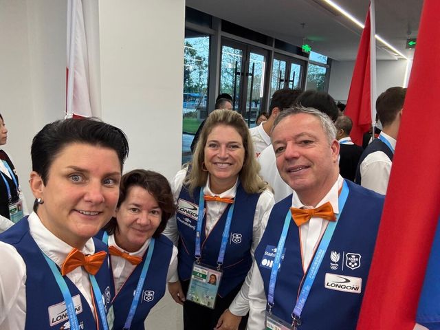 이번 월드게임에 출전한 네덜란드 선수단. 왼쪽부터 클롬펜하우어, 예텐(이상 여자 3쿠션), 라데마커스(헤이볼), 야스퍼스(남자 3쿠션).&nbsp; 사진=클롬펜하우어 SNS