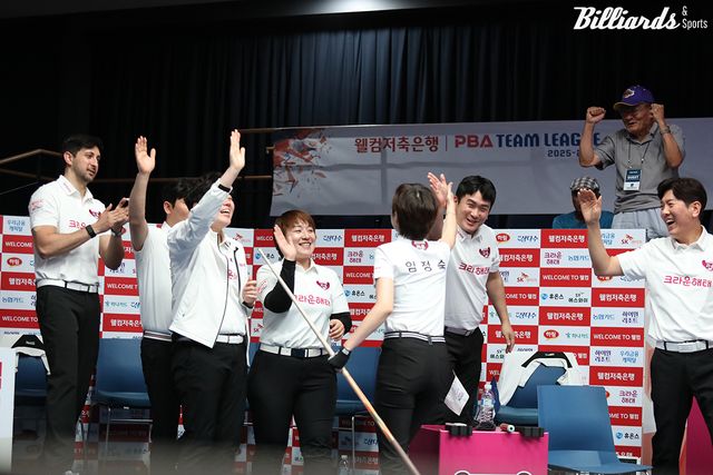 6세트에서 임정숙이 승리를 확정하자 기뻐하는 크라운해태 선수들.&nbsp; 사진=고양/이용휘 기자