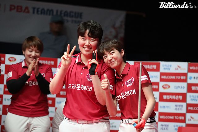 2세트 여자복식을 승리한 크라운해태 백민주-임정숙.