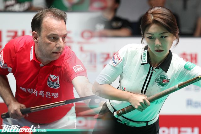 프로당구(PBA) 팀리그가 14일부터 22일까지 9일간 경기도 고양시의 고양 킨텍스 PBA 스타디움에서 열린다. 사진은 앞서 1라운드 MVP에 오른 하나카드 김가영(오른쪽)과 2라운드 MVP 다니엘 산체스(웰컴저축은행).&nbsp; 빌리어즈앤스포츠 DB