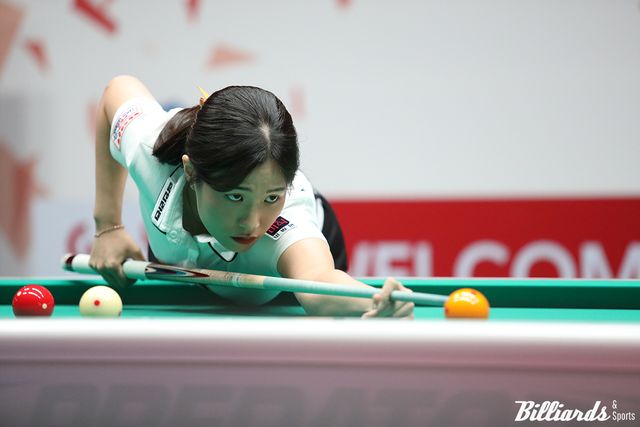 하림이 한 경기에 두 차례 퍼펙트큐를 성공시키며 NH농협카드를 세트스코어 4-3으로 제압했다. 사진은 2세트 초구에 퍼펙트큐를 달성한 박정현(하림).&nbsp; 사진=고양/이용휘 기자