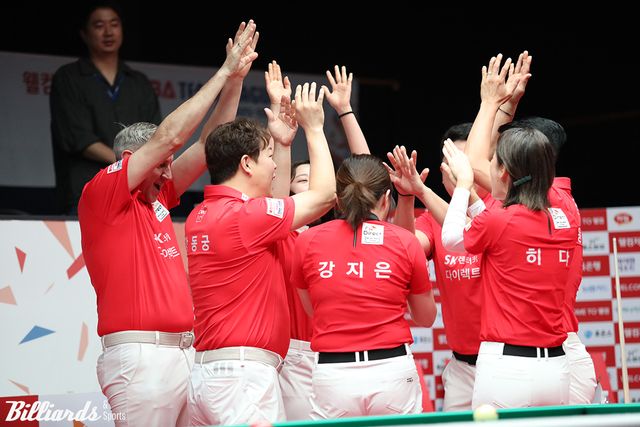 화이팅을 외치는 SK렌터카 선수들.