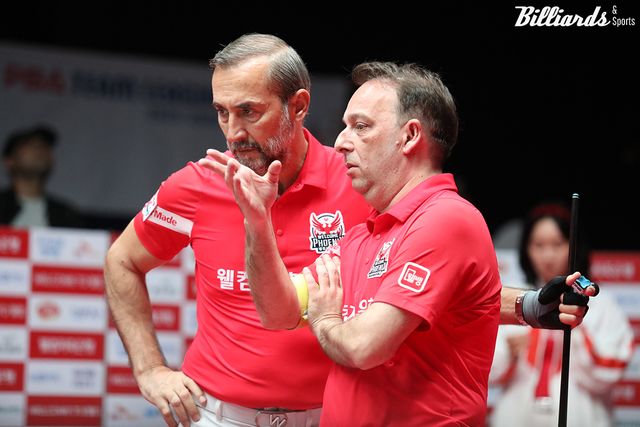 이번 경기에서도 두각을 나타낸 웰컴저축은행의 '3쿠션 레전드' 세미 사이그너(왼쪽)-다니엘 산체스(오른쪽).&nbsp;사진=이용휘 기자&nbsp;