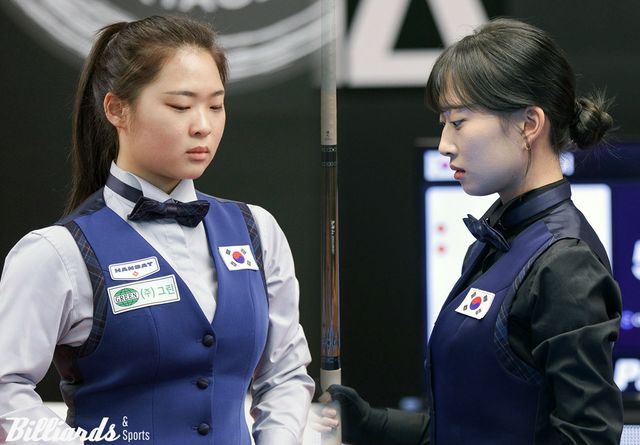 한국의 김하은(남양주·왼쪽)과 최봄이(김포체육회·오른쪽)가 여자 3쿠션 세계선수권 준결승에 진출해 결승행 맞대결을 벌인다.&nbsp; 사진=SOOP 제공