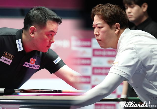 조재호(왼쪽)와 강동궁(오른쪽)이 5차 투어 128강전을 승리하고 부진 탈출의 신호탄을 쏘았다.&nbsp; 사진=고양/이용휘 기자