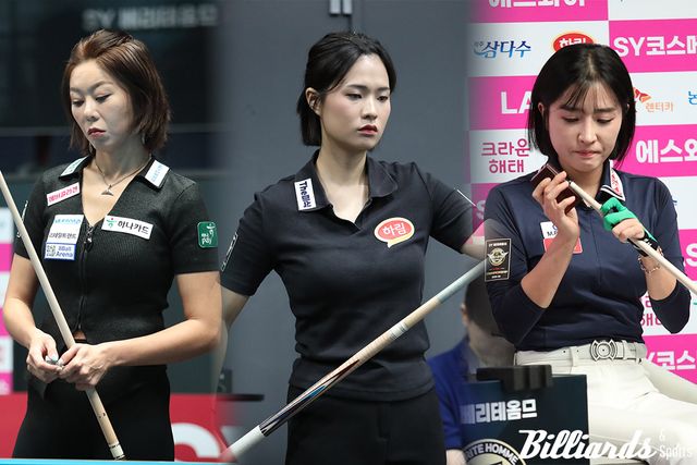 (왼쪽부터) 김가영, 박정현, 한슬기가 긴 머리를 자르고 비장한 각오로 이번 4차 투어에 임했다. 사진=고양/이용휘 기자