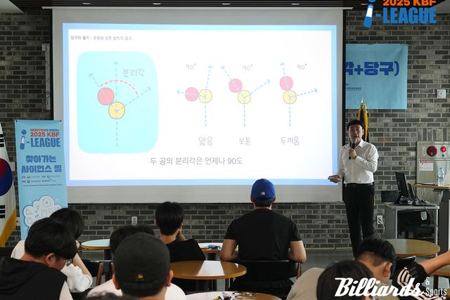 핵물리학자 박우진 박사가 당구와 과학, 스포츠 속의 과학에 대한 특강을 하고 있다. 사진=KBF 제공