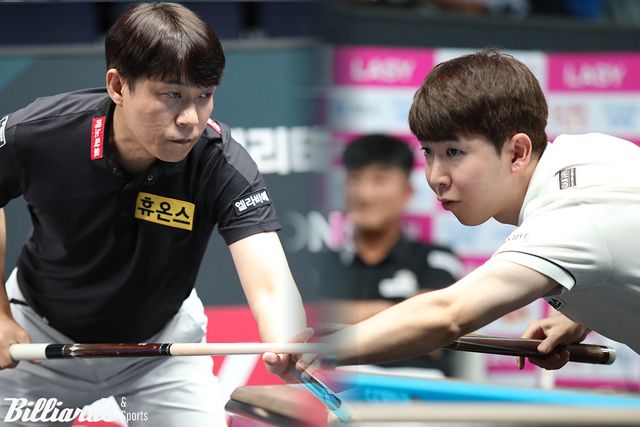 7일 오후 7시 30분에 4차 투어 8강전에서 6개월 만에 재대결을 벌이는 최성원(휴온스·왼쪽)과 모리 유스케(에스와이·오른쪽).&nbsp; 사진=고양/이용휘 기자