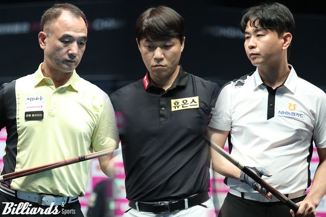 4차 투어 8강전에서 외인들과 대결하는 한국의 이승진, 최성원(휴온스), 김현우1(NH농협카드).&nbsp; 사진=고양/이용휘 기자
