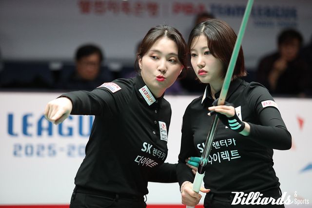 2세트에 호흡을 맞춘 SK렌터카의 강지은-조예은.