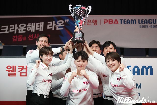 크라운해태가 우리금융캐피탈을 상대로 2승을 따내며 준플레이오프에 진출했다. 사진은 지난 4라운드 시상식에서 우승 트로피를 들어 올린 크라운해태. 이용휘 기자.