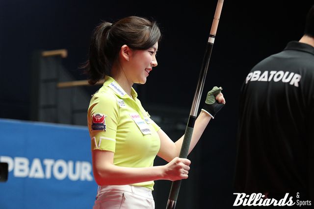 LPBA 8강전에서 정수빈이 승리를 확신하는 순간, 미소를 짓고 있다. 사진=고양/이용휘 기자