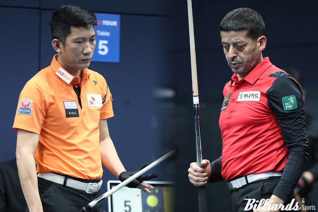 퍼펙트큐를 친 응오딘나이(SK렌터카·왼쪽)와 개막전 우승자인 무라트 나지 초클루(하나카드·오른쪽)가 32강에서 탈락하는 이변이 연출됐다.&nbsp; 사진=고양/이용휘 기자