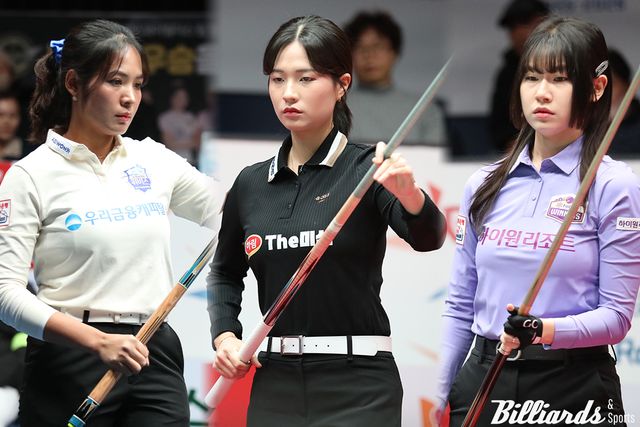 프로당구 PBA 팀리그에서 마지막 남은 한 장을 포스트시즌 진출 티켓이 걸린 치열한 3파전 승부가 시작됐다. 사진 왼쪽부터 우리금융캐피탈 스롱 피아비(캄보디아), 하림 박정현, 하이원리조트 이미래.&nbsp; 사진=고양/이용휘 기자