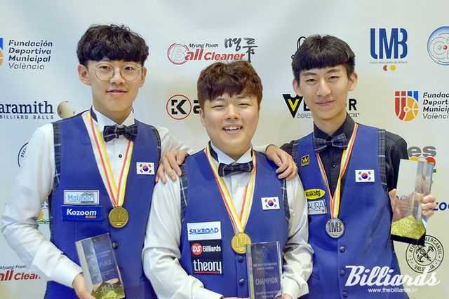 2019년 주니어 세계3쿠션선수권대회에서 공동3위에 입상한 조화우(왼쪽). 옆에는 당시 우승을 차지한 조명우(가운데)와 준우승자 고준서(오른쪽).