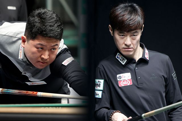 한국의 조건휘(왼쪽)와 김임권(오른쪽)이 PBA 월드챔피언십 8강전에서 다비드 마르티네스(크라운해태)와 다비드 사파타(우리금융캐피탈)를 제압하고 준결승에 진출했다.&nbsp; 사진=PBA 제공