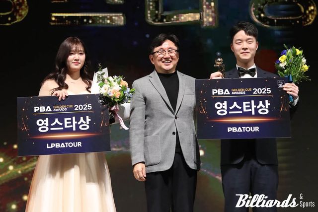 지난 시즌 영스타상을 받은 권발해(왼쪽)와 김영원(오른쪽). 김영원은 이번 시즌 월드챔피언십 왕좌를 차지했으나 근소한 차이로 밀려 PBA 대상을 놓쳤다. 사진=이용휘 기자