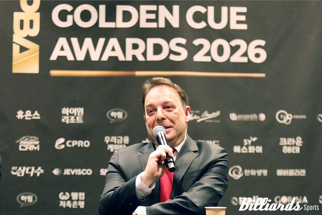월드챔피언십 우승 없이도 2025-26시즌 가장 높은 랭킹 포인트를 얻은 다니엘 산체스가 PBA 골든큐 어워즈 2026에서 대상을 차지했다. 시상식에 앞서 열린 기자회견에서 수상 소감을 말하고 있는 산체스. 사진=광진구/김민영 기자