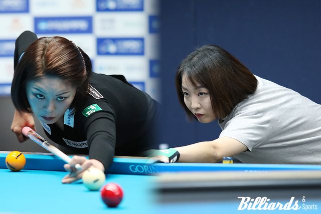 김가영(좌)과 이유주(우)가 나란히 세트스코어 3-0 승리를 거두고 LPBA 개막전 8강에 진출했다. 두 선수는 2023-24시즌 개막전 이후 약 2년 3개월 만에 다시 8강에서 맞대결을 벌인다. 사진=고양/김민영 기자
