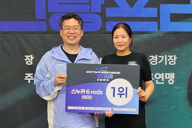 그랑프리 2연속 우승을 차지한 최솔잎(우)과 시상자 대한당구연맹 서수길 회장(좌). 사진=대한당구연맹 제공