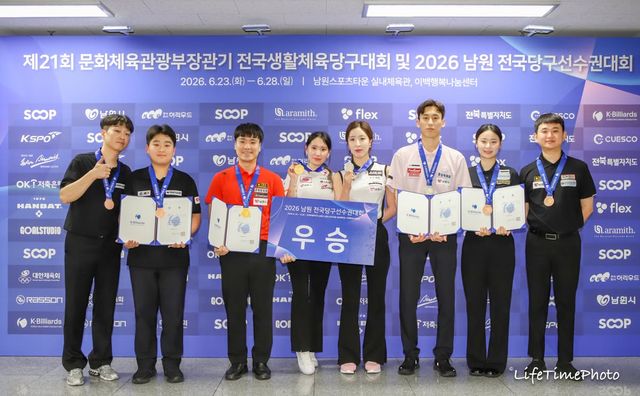 포켓9볼 복식 입상팀. 왼쪽부터 공동3위 김택균-김민준(전북), 우승 고태영-이하린(경북), 준우승 한소예-권호준(충남), 공동3위 김보건-황용(전남)