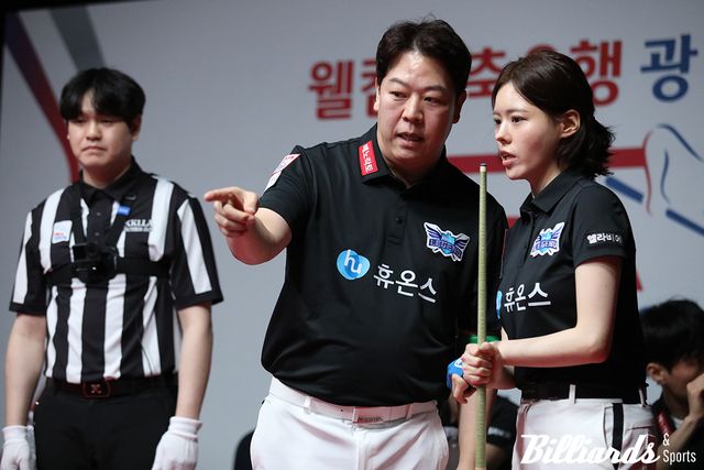 휴온스가 웰컴저축은행을 세트스코어 4-1로 꺾고 시즌 첫 승을 드디어 손에 넣었다. 사진은 휴온스의 강동궁과 서한솔. 사진=이용휘 기자